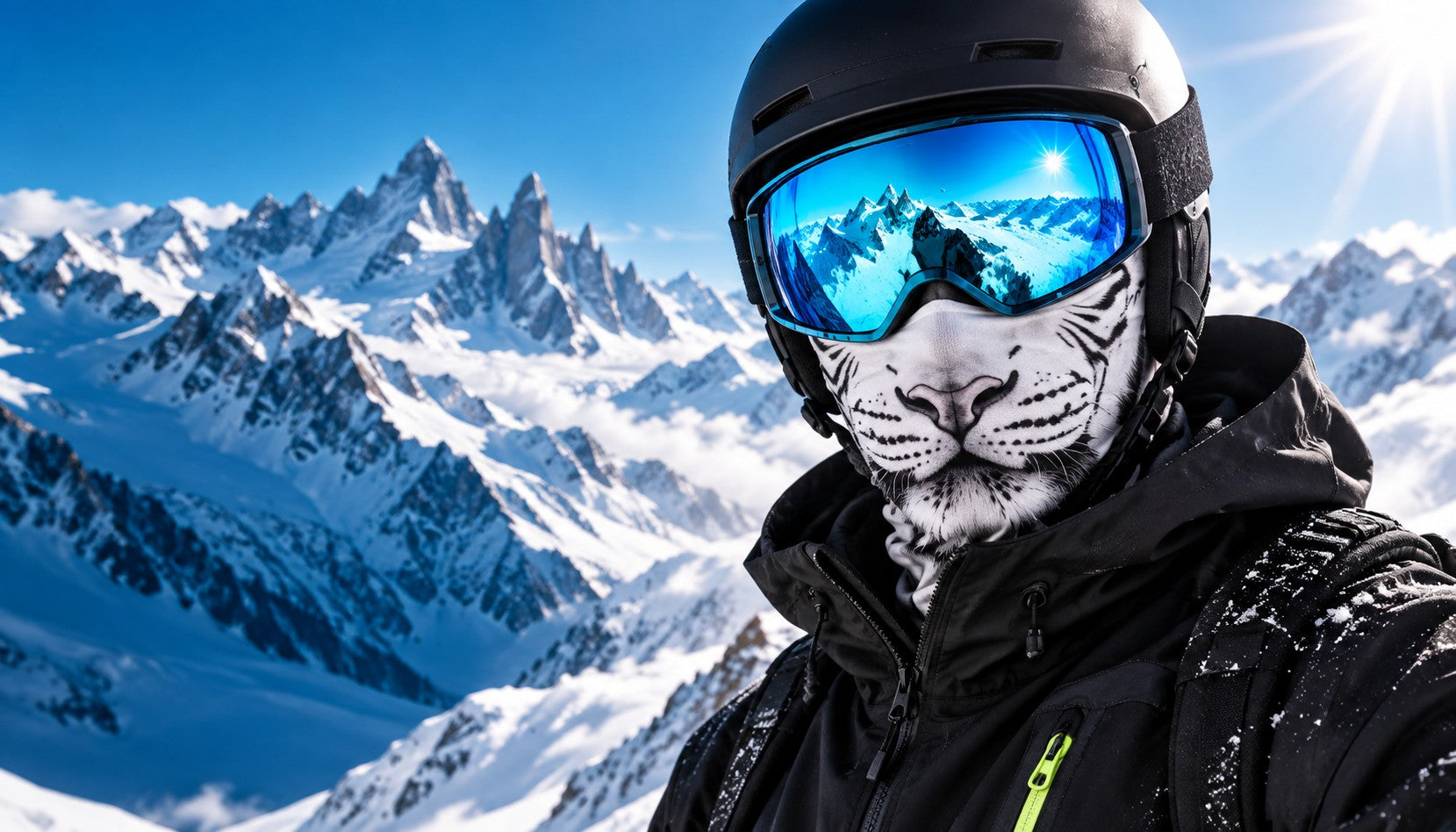 White Tiger balaclava styled with cyan goggles on the mountain
